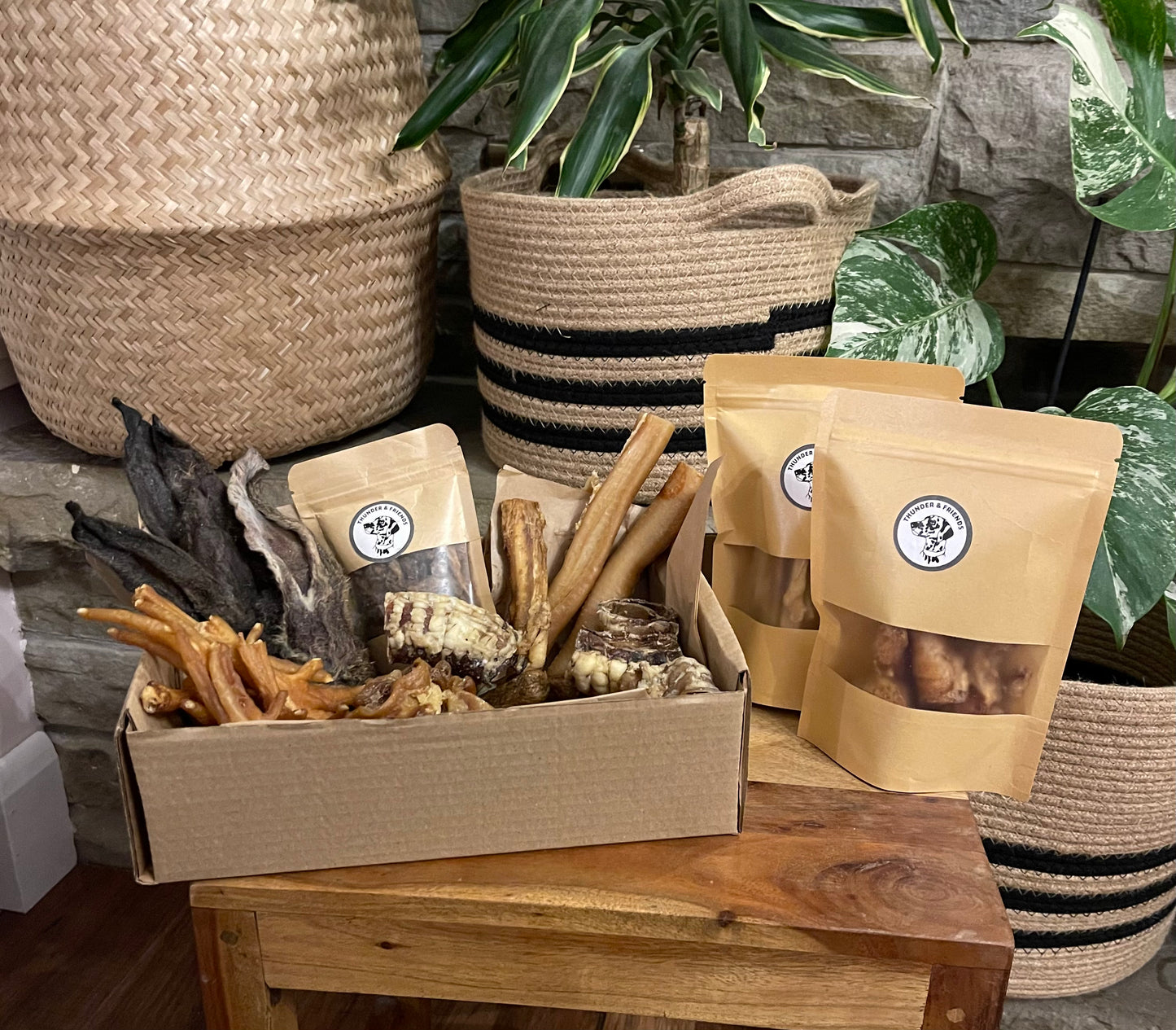 Puppy subscription box monthly. Rabbit ears, beef training treats, chicken feet, sausages, pig ears, beef trachea.