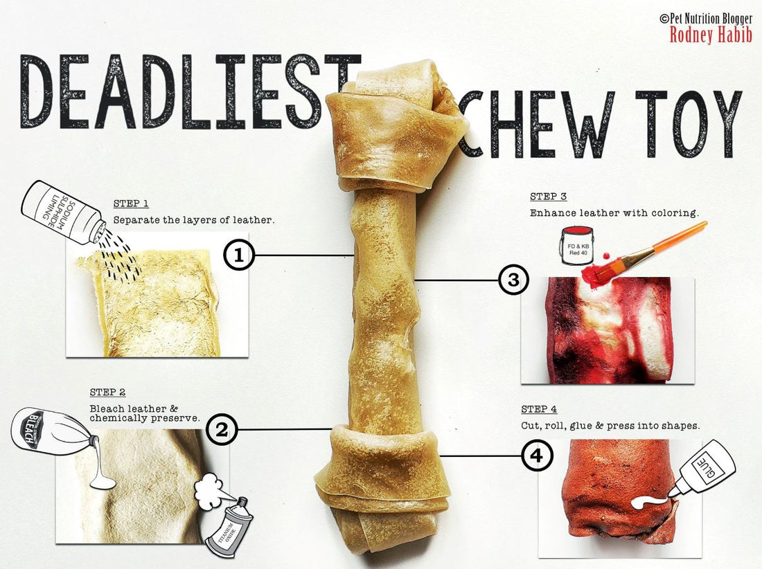 Image credit: RODNEY HABIB bone shaped rawhide chew which indicates use of dyes tanning agents and other chemicals, choose natural